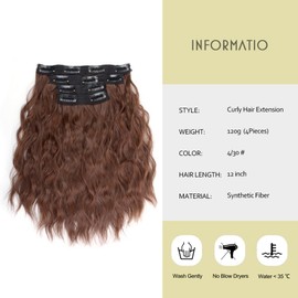 ZIRANJUAN Curly Clip in Hair Extensions 12 inch Short Wavy Brown 4PCS Invisible Lace Weft Heat Resistant Synthetic Hair for Women（4/30 Dark Brown