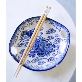 Ebros Gift Blue Feng Shui Dragon Small Appetizer Coupe Plate Flat Bowl With Chopsticks Set