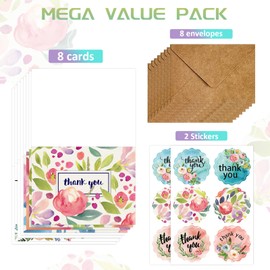 Yoolly 8 Pack Thank You Cards, Thank You Greeting Cards Multipack with Envelopes and Stickers, for Teachers, Graduation, Wedding, Family, Birthday, Business (Flowers)