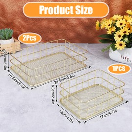 3 Pcs Gold Wire Baskets Set - Gold Baskets for Decor with 2 Large & 1 Small Metal Mesh Organizers for Home Office Desk Bathroom Storage (9.6x6.5x2.5 inch & 6.7x4.7x2.4 inch)