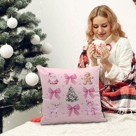 Nvotell Pink Coquette Christmas Pillow Covers 18x18 - Pink Christmas Tree Gingerbread Reindeer Decorations Indoor, Pink Coquette Bows Room Decor