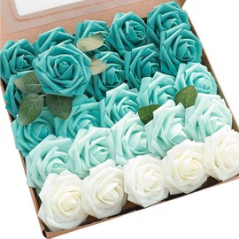 Floroom Artificial Flowers 25pcs Real Looking Green Ombre Colors Foam Fake Roses with Stems for DIY Wedding Bouquets Bridal Shower Centerpieces Floral Arrangements Party Tables Home Decorations