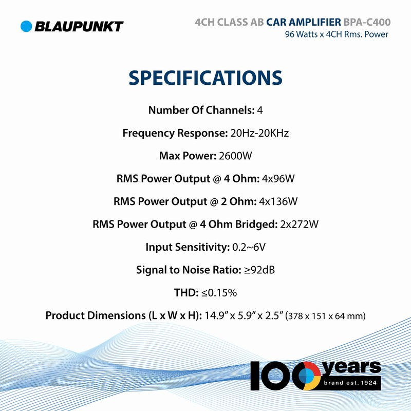 BLAUPUNKT BPA-C400 Elite Car Audio Class AB 4-Channel 2600W Stereo