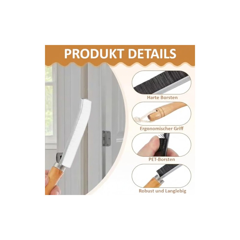 3-piece grout brush set with wooden handle, crevice cleaner with