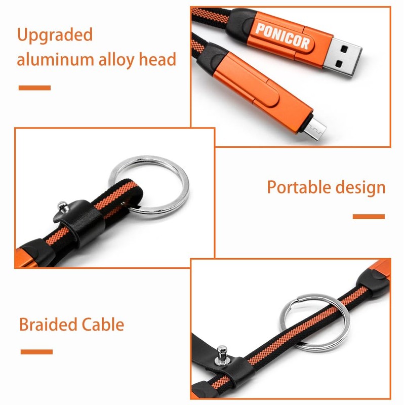PONICOR 6 in 1 Short Keychain Multi Charging Cable 3A
