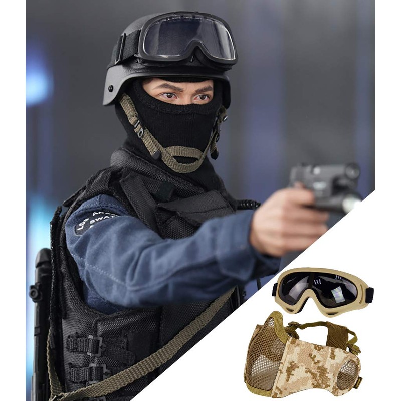 Airsoft Mask with Goggles, Foldable Airsoft Mesh Mask with Ear