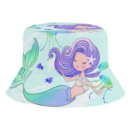 Kids Hats Mermaid Boys Girls Summer Bucket Travel Beach Sun Hat Cap Wide Brim for Toddler Children (4-8 Years, Mermaid)