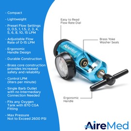 AireMed Oxygen Regulator 0-15LPM, CGA-870 Gauge Flow Rate – Includes Wrench Key, 5 Brass Yoke Washer Seals, and 2 Oxygen Tubing Swivel Connectors - Ergonomic Handle Design – Blue