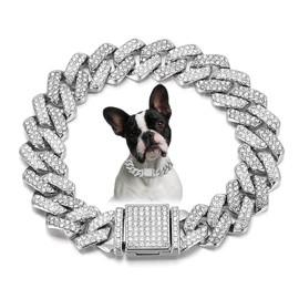 Chain Dog Collar, Diamond Metal Cuban Link Dog Collar,15mm Wide Bling Sparkly Puppy Necklace for Small Medium Large Pet Dogs Cats Silver White(10 inch)