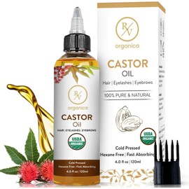 RV Organica Castor Oil | USDA Certified Organic | Hexane Free | Cold Pressed | Growth for Eyelashes, Eyebrows, Hair | 4.05 fl oz (120ML)