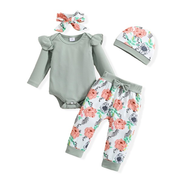 Doresbebe Baby Girl Clothes 3-6 Months Newborn Outfit Infant Romper Fall Winter Girls' Clothing Set Hat Headband Ruffle Long Sleeve Rib Solid Top Green Floral Pant 4Pcs