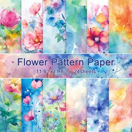 Konsait 24 Sheets Flower Scrapbook Paper 12x12 Watercolor Pattern Paper Double Sided Scrapbook Paper Craft Paper for Card Making Kit Floral Cardstock Origami Paper Romantic Scrapbook Supplies