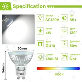 GU10 LED Light Bulbs, 50 Watt Halogen Equivalent, Daylight White 5000K, 4W LED Bulbs for Track&Recessed Lighting, 120°Flood Beam Lighting for Kitchen, Range Hood, Living Room, Bedroom, 6 Pack