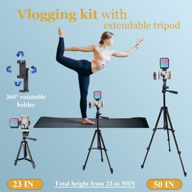 Litchitech Litchitech Vlogging Kit for iPhone, Vlogging Kit for Andriod Phone, Content Creator Essentials w/RotatableHolder/Lavalier Mic/RGB Light/Remote/Extendable Tripod (50IN Tripod)