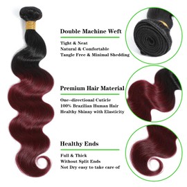 Kapelli Hair Ombre Human Hair Bundles With Closure (14 16 18+12) 100% Brazilian Virgin Human Hair Body Wave Bundles with Closure 2 Tone Black to Burgundy Human Hair Weave