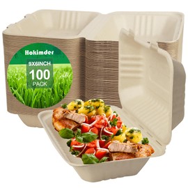 Hokimder Compostable Clamshell Food Containers [9x6 Inch 100-Pack] Disposable To Go Food Containers, Clamshell To Go Boxes for Food, Biodegradable Eco-Friendly Take Out Boxes Made of Sugar Bagasse