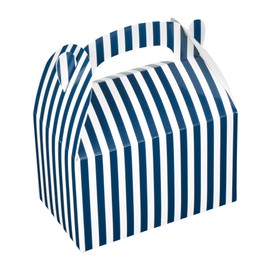 Restaurantware Bio Tek 6 x 3.5 x 3.5 Inch Gable Boxes For Party Favor, 100 Attractive Gift Boxes - Striped Design, With Built-In Handle, Blue And White Paper Barn Boxes, Disposable, For Parties