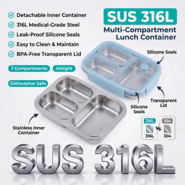 316 Stainless Steel Bento Box for Kids,Snack Box,3 Compartments Reusable on and go lunch Box kids with Lids , Durable for On-the-Go Meal, BPA-Free and Food-Safe Materialsfor School Camping Travel-Blue
