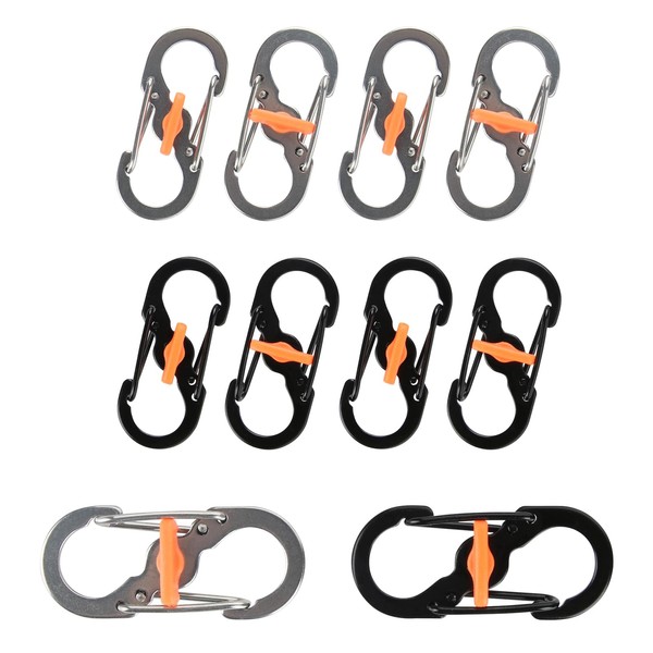 Pack of 10 S Outdoor Camping Hooks, Mini S Backpack Clip, Carabiner Anti-Theft and Anti-Drop Lock Clip, Stainless Steel, Mini S-shaped Backpack Keyring Clip for Camping, Hiking