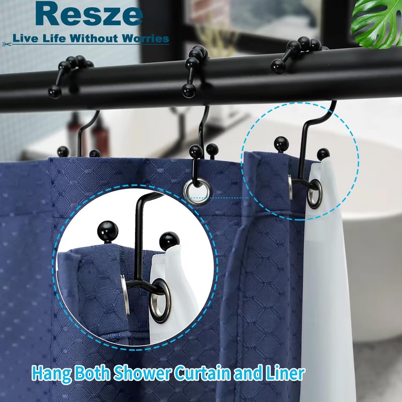 Resze 12 PCS Black Plastic Double Shower Curtain Hooks, Multi-Functional
