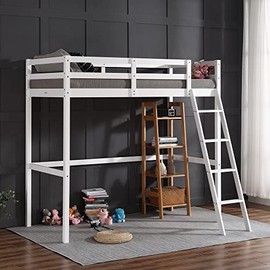 JOYMOR Loft Bed Twin Size Wood Loft Bed Frame for Kids Junior Adults with Full-Length Guardrail and Ladder, White