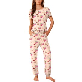 Ekouaer Womens Pajama Sets Short Sleeve Lounge Sets for Women Printed Jogger Pajama Set 2 Piece Pj Sets With Pockets S-XXL