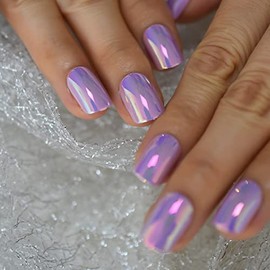 iBeautying Press on Nails - Metallic Mirror Purple Pink False Nails | Punk Metal Chrome Finish Short Reusable Fake Nails in 10 Sizes - 24 Nail Kit with Jelly Glue Pad