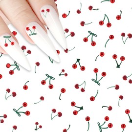 Isslly 2 Sheets Cherry Nail Stickers, 3D Self-Adhesive Crystal Nail Stickers, French Fruit Rhinestones Nail Sticker for Women Nail Art Supplies for Summer