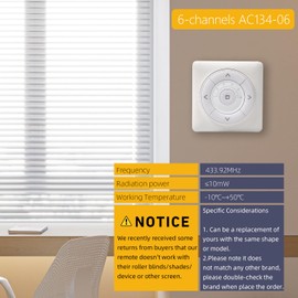 AC134-06 RF Wireless Wall Remote Control - 6 Channel Replacement Transmitter for Individual Shade, Group Room and Whole Home Shade Control