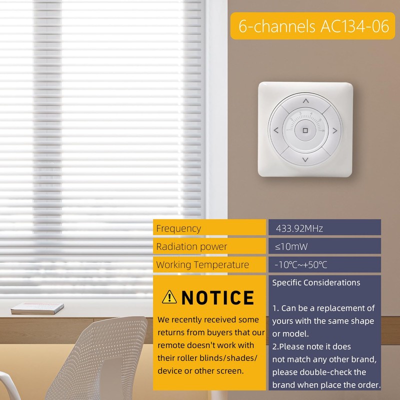 AC134-06 RF Wireless Wall Remote Control - 6 Channel Replacement