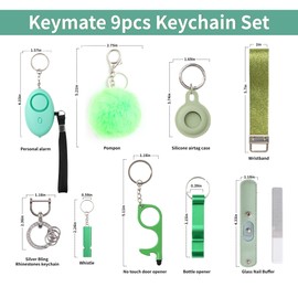 Keymate Safety Keychain Set for Women, with Personal Alarm,Gifts for Women,9 Pcs Keychain Set (green)