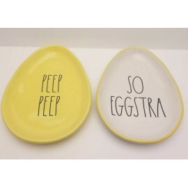 RAE DUNN Easter Egg Plate SO EGGSTRA & PEEP PEEP Yellow Set of 2 New