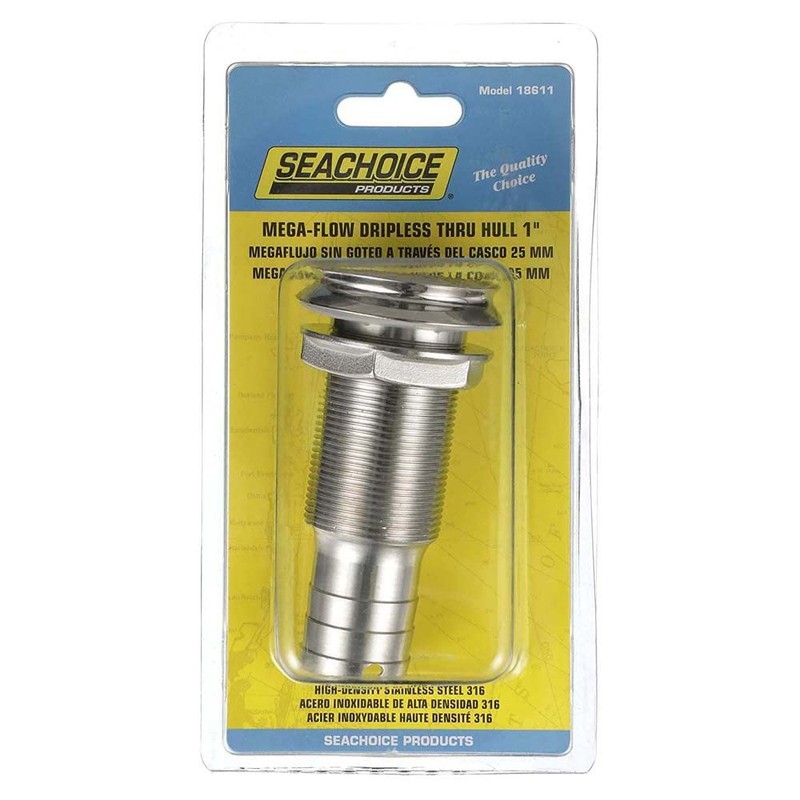Seachoice Mega-Flow Dripless Thru Hull Fitting, 316 Stainless Steel, Fits