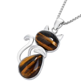 mookaitedecor Tiger’s Eye Crystal Cat Pendant Necklace Women Men, Semi Precious Stone Healing Crystal Necklace Animal Kitty Kitten Jewellery Gift for Cat Lovers Mum Daughter Girl Reiki Chakra Amulet