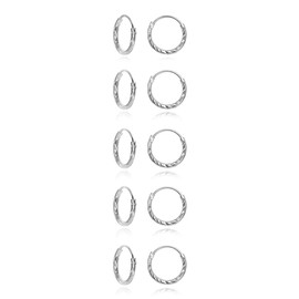 5 Pair Set Sterling Silver Diamond-Cut Tiny Small Endless 10mm Thin Round Unisex Hoop Earrings for Men Women, Metal