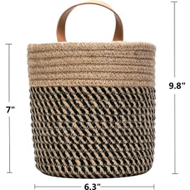 2pack Small Hanging Baskets-Cotton Rope Wall Basket with Handle, Hanging Storage Basket, Shelf Baskets Storage Bin Closet Organizer - 6.3" x 7", Woven Plant Basket (Jute-black)