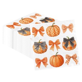 100Pcs Fall Napkins Bow Pumpkin Napkins Thanksgiving Paper Cocktail Napkin Disposable Autumn Bow Pumpkin Guest Hand Towels for Fall Thanksgiving Autumn Harvest Holiday Party Decorations