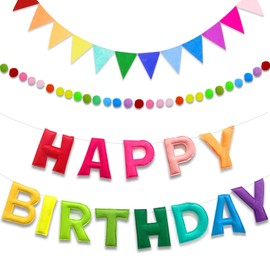 Sekonow 3 Pack Happy Birthday Banner, Felt 3D Rainbow Birthday Garland with Balls and Pennant Banner Flags, Reusable Colorful Happy Birthday Sign for Birthday Decorations Party Decor (Multicolour)