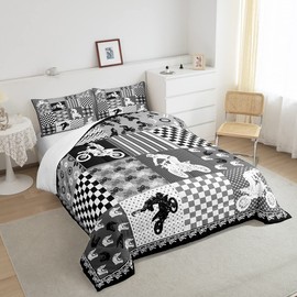 Castle Fairy Boys Motorbike Full Size Comforter Set,Extreme Sports Style Bedding Set for Kids Adults Teens,White and Gray Comforter Luxury Stripes and Grid Quilt Set Room Decor 3Pcs