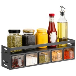 Kitchen Spice Rack, Kitchen Organizer and Storage Rack with 5 Spoons, Spice Organization for Cabinets Punch-free Wall/Countertop Home Decor Multifunctional Double Layer 5 Grid Condiment Rack, Gray