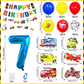Teselife 7 Birthday Decorations Boys Kids Cars Transportation Birthday Party Decoration Red Blue Yellow Transport Car Theme Balloons Happy Birthday Banner 7 Year Old Birthday Seventh Birthday Supplies