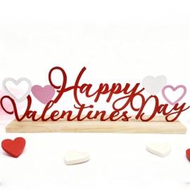 FESTGLOX Happy Valentine's Day Sign with Wood Base, Metal Valentine’s Day Decoration for Tabletop Centerpiece, Romantic Home Decorations for Valentine Gift Anniversary