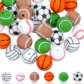 Classicseali 30 PCS Silicone Beads, 15 mm Sports Beads for Pens & Bracelets Making, Silicone Bead for Keychain Making, Baseball & Football Focal Bead