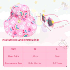 Jupsk Baby Sun Hat and Sunglasses Set Girls Summer Bucket Hat UPF50 Rainbow Unicorn Beach Cap with Adjustable Chin Strap UPF50 for Kids Toddler Child 12-24 Months