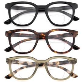 HIYANJN 3 Pack Bifocal Reading Glasses for Women Fashion Black/Tortoise/Green Colorful Round Frame Readers With Spring Hinger 3x