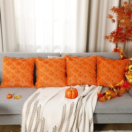 Tudomro 4 Pcs 20x20inch Pumpkin Fall Decorative Throw Pillow Covers 3D Embroidered Soft Faux Fur Fall Pillow Covers for Autumn Harvest Thanksgiving Gifts for Couch Sofa Home Bedroom Decor (Orange)