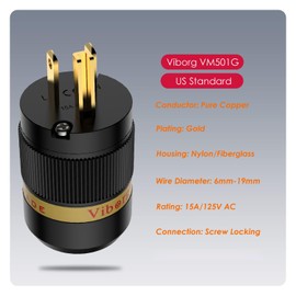 Viborg HiFi Power Plug, VM501G+VF501G, Gold-Plated Copper Non-Magnetic, AC Mains Plug, Audio Power Plug, Fiber Glass Shell, HiFi US Power Plug+IEC C15 Power Connector for DIY Audiophile Power Cord
