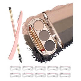 SUMEITANG Waterproof Eyebrow Powder Kit - 3 Colors Long-Lasting Brow Powder Palette with Brush Razor & Stencil, Natural Tinting Powder for Women Sparse Brows | #01 Skin, Light Brown, Dark Brown