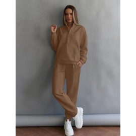 Bealin 2 Piece Sets for Women Sweatsuit Long Sleeve Half Zip Tops and Sweatpants Workout Tracksuit Matching Sets Coffee M
