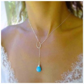 Yheakne Boho Turquoise Y Necklace Silver Circle Teardrop Necklace Choker Blue Gemstone Lariat Necklace Vintage Gemstone Teardrop Necklace Jewellery for Women and Girls